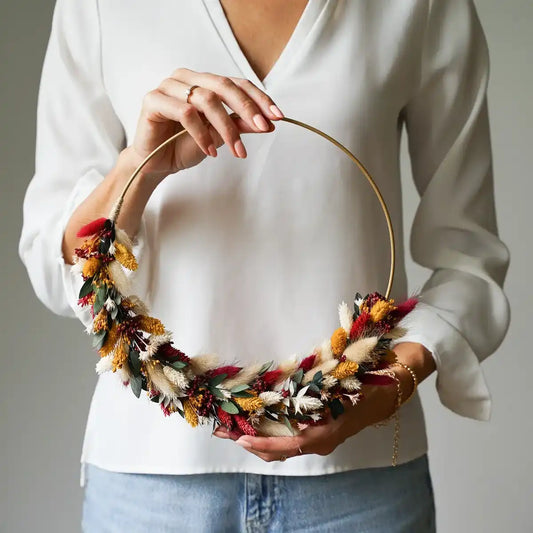 Bastelset Rosalie: Metallring, Basteldraht, Spezialtape, 2 Arten Juteschnur und Trockenblumen für Kranz