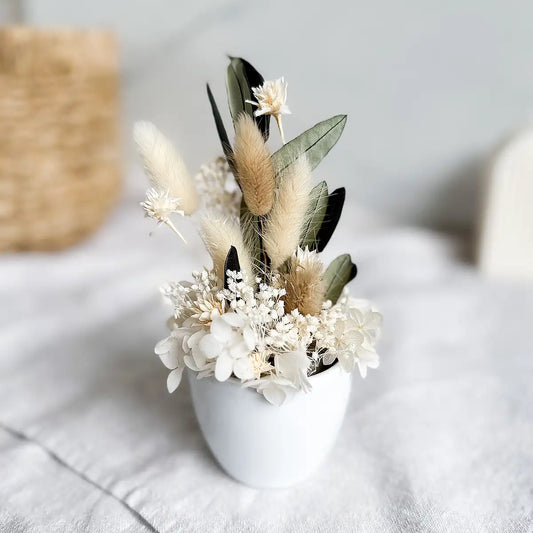 DIY-Trockenblumengesteck Alexa boho: Übertopf mit 11 Trockenblumen in Creme und Weiß für Deko