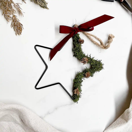 DIY-Set Weihnachtsstern Stella grün: 15 cm Metallstern mit Moos und dunkelgrüner Samtschleife