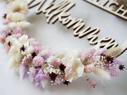 Bastelset Bianca: Holzring mit "Herzlich Willkommen", Basteldraht, Juteschnur und Trockenblumen