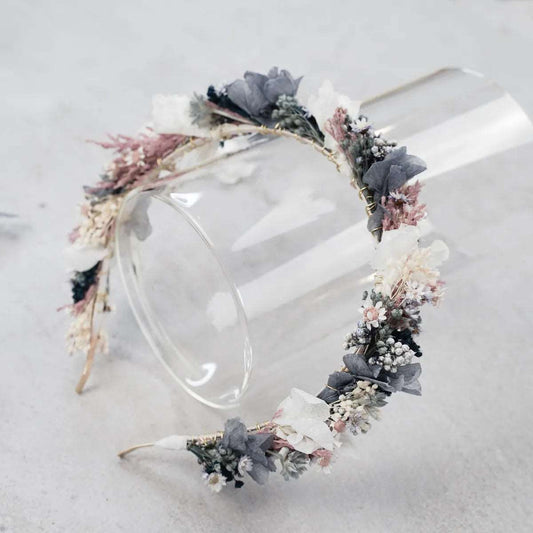 DIY-Trockenblumen Haarreif Lilian: Set mit Basteldraht, Haarreif, 9 Trockenblumenarten in Creme, Blau und Pink