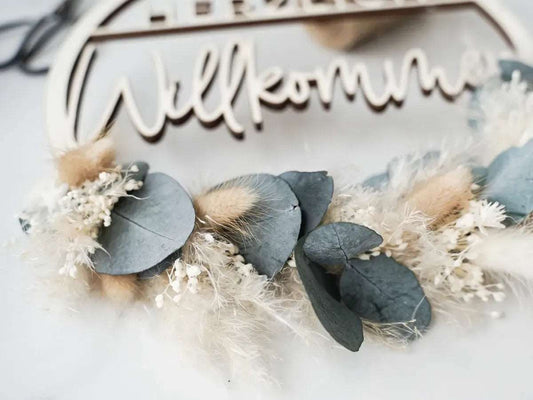 Bastelset Svea: Holzring mit "Herzlich Willkommen", Basteldraht, Juteschnur und Trockenblumen