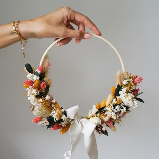 DIY-Trockenblumen Türkranz Barbara: 20 cm Holzring mit Trockenblumen in Grün, Rot, Beige, Ocker und Creme