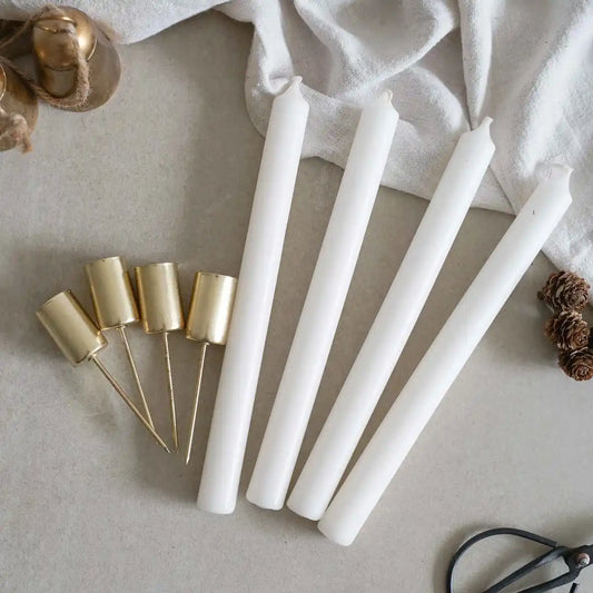 Stabkerzen mit Kerzenhalterungen, wollweiß gold