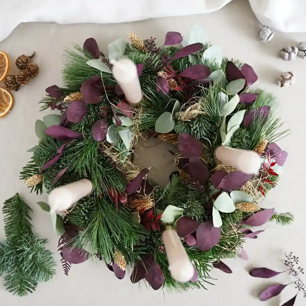 DIY-Set Adventskranz Cleo – mit frischen Zweigen & Trockenblumen