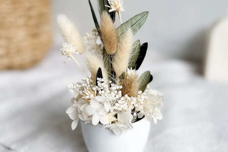 DIY-Trockenblumengesteck Alexa boho: Übertopf mit 11 Trockenblumen in Creme und Weiß für Deko