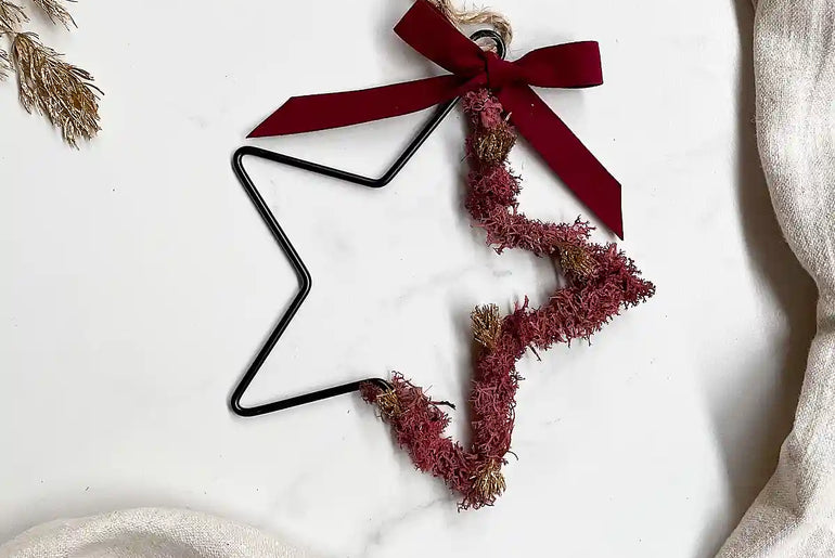 DIY-Set Weihnachtsstern Stella rot: 18 cm Metallstern mit rotem Moos und dunkelroter Samtschleife