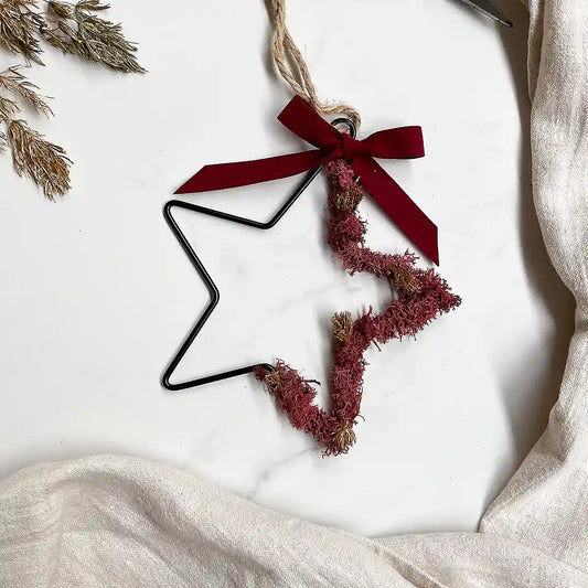 DIY-Set Weihnachtsstern Stella rot: 18 cm Metallstern mit rotem Moos und dunkelroter Samtschleife