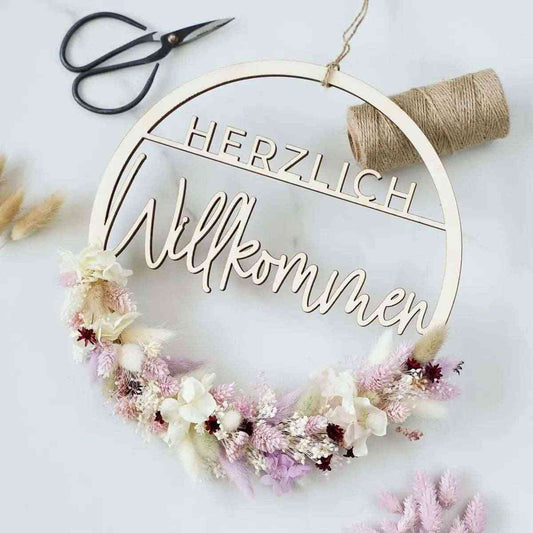 DIY-Trockenblumenkranz Bianca: 25 cm Holzring mit "Herzlich Willkommen" und 10 Trockenblumenarten
