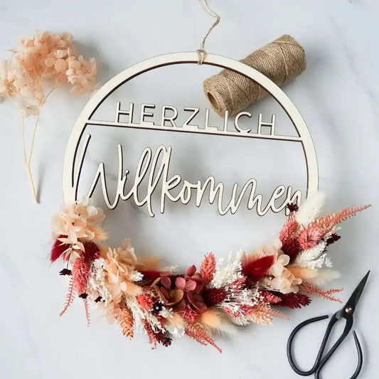 DIY-Trockenblumen Türkranz Isabelle: 25 cm Holzring mit "Herzlich willkommen" und 6 Trockenblumenarten