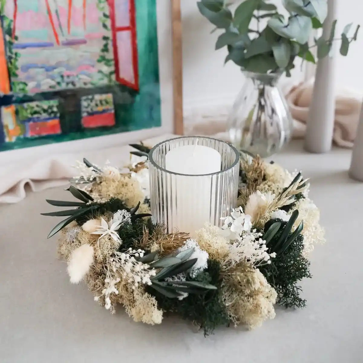 Trockenblumen-Adventskranz Hannah mit Windlicht