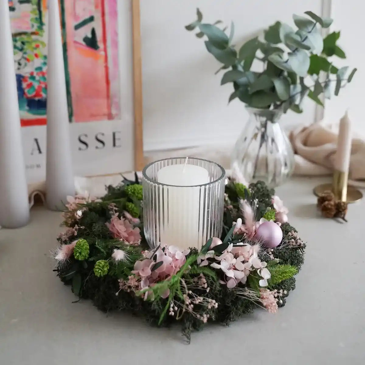 Trockenblumen-Adventskranz Linda mit Windlicht