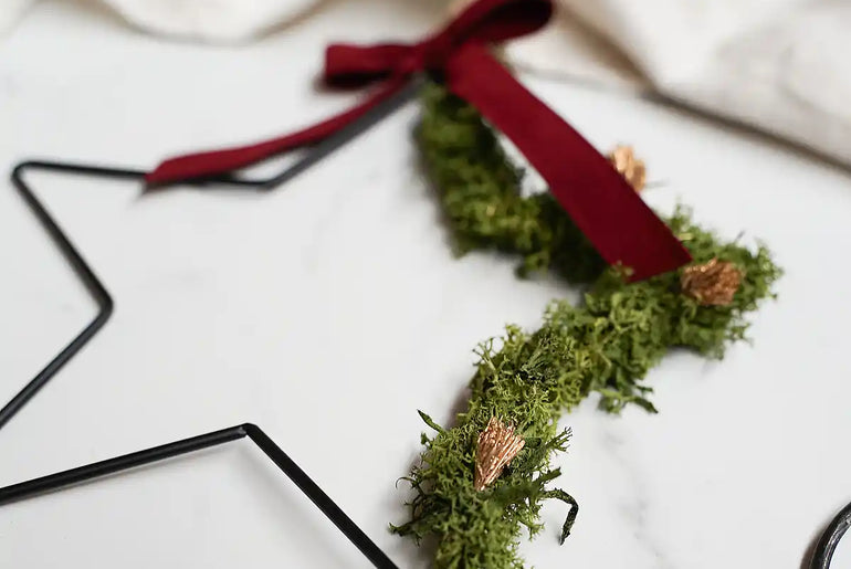 Bastelset Stella grün: Eleganter Trockenblumenstern mit grünem Moos und Juteschnur für festliche Dekoration