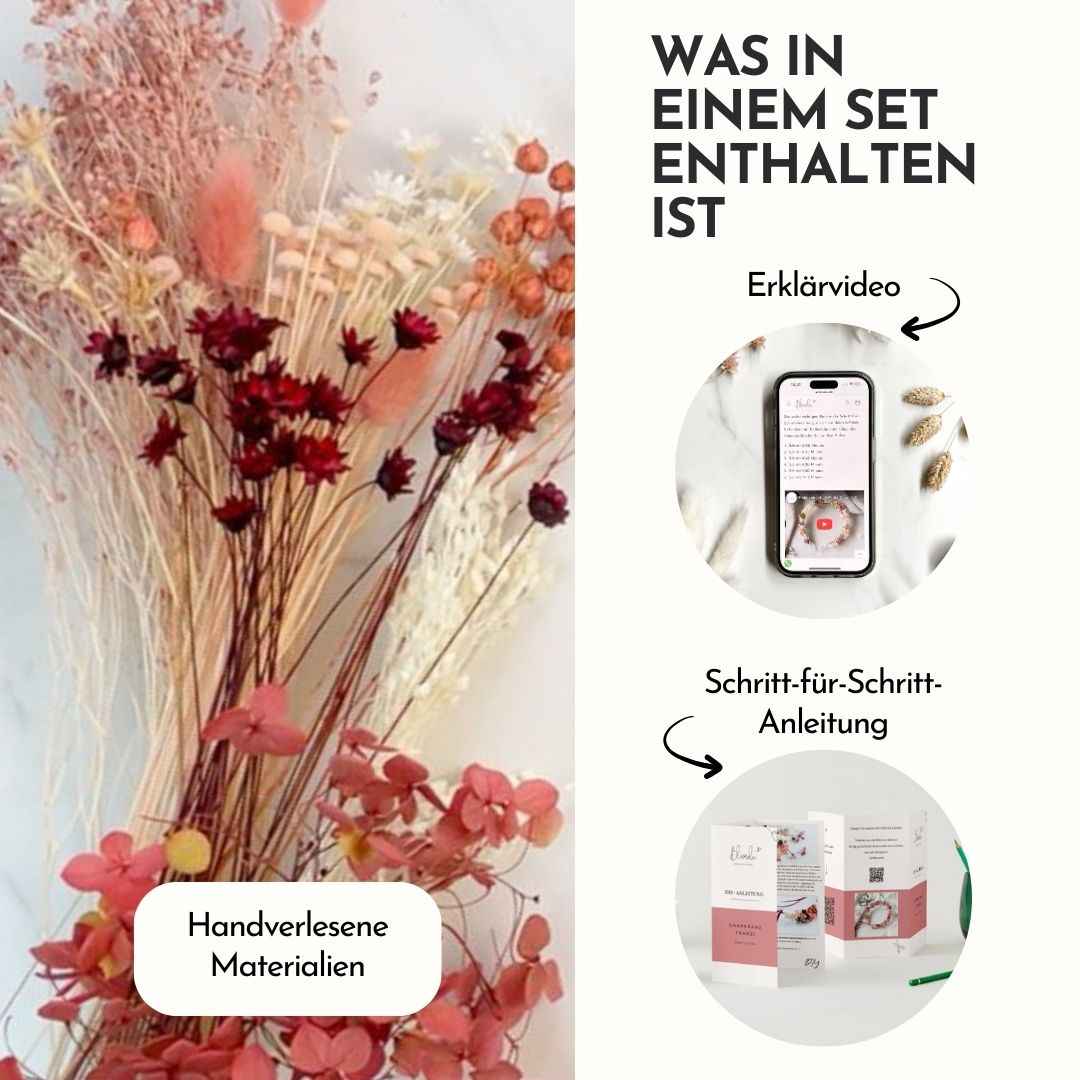 Materialien des DIY-Sets Haarkranz Franzi: Basteldraht, Spezialtape und Trockenblumen
