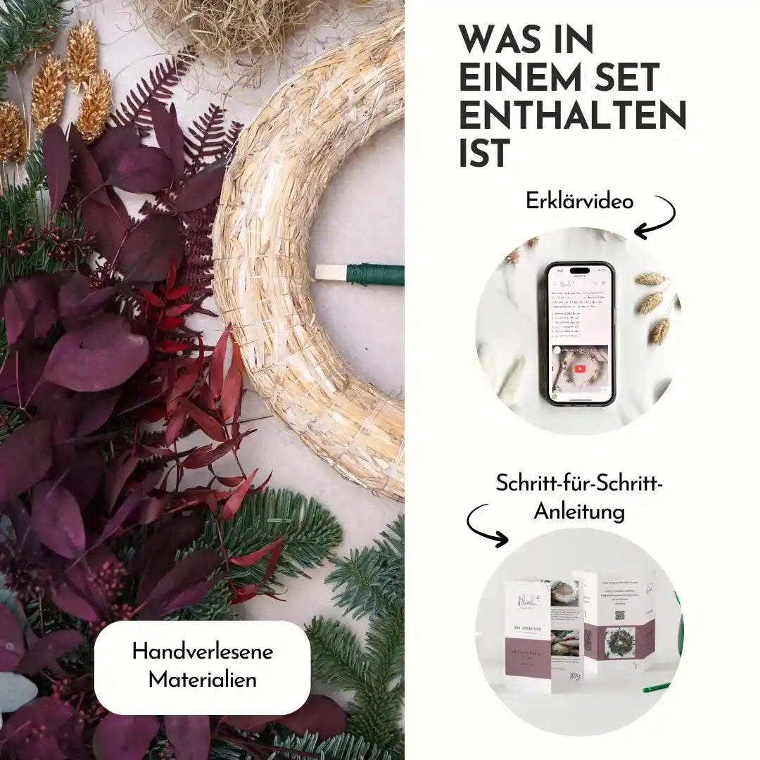 DIY-Set Adventskranz Cleo – mit frischen Zweigen & Trockenblumen