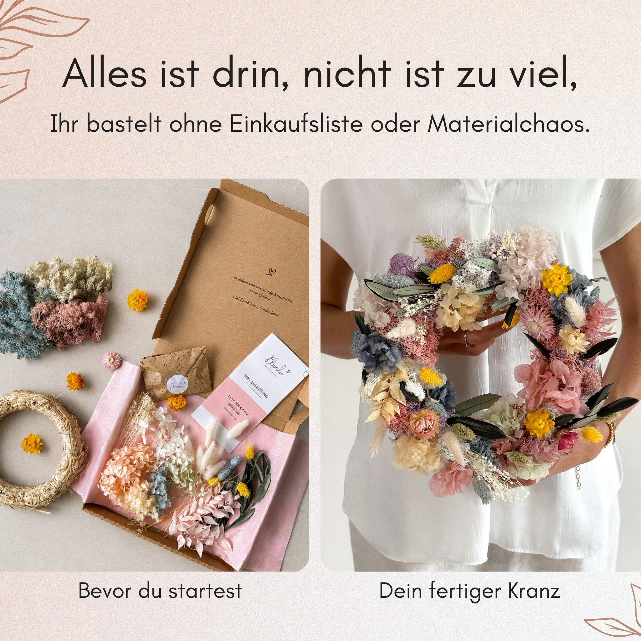 Trockenblumen und Bastelmaterial vor dem Start neben fertig gebundenem Kranz – im DIY-Set von Blumelei ist alles enthalten