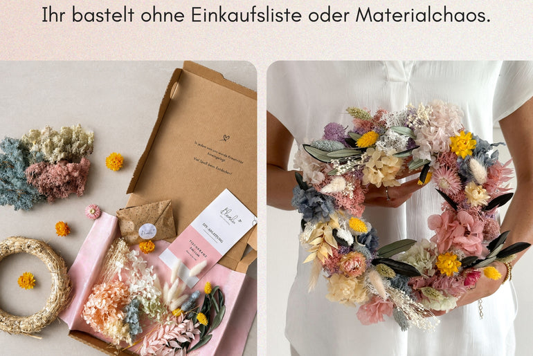 Trockenblumen und Bastelmaterial vor dem Start neben fertig gebundenem Kranz – im DIY-Set von Blumelei ist alles enthalten