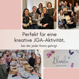 Frauengruppen binden gemeinsam Trockenblumenkränze mit DIY-Sets von Blumelei – kreative JGA-Aktivität
