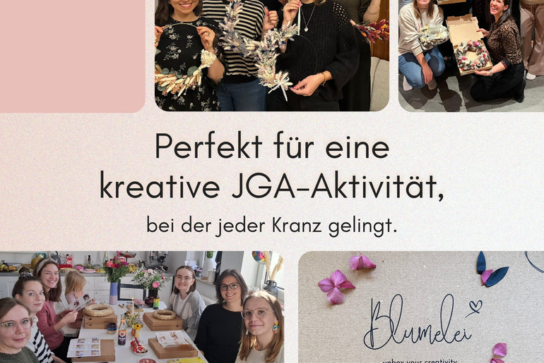Frauengruppen binden gemeinsam Trockenblumenkränze mit DIY-Sets von Blumelei – kreative JGA-Aktivität