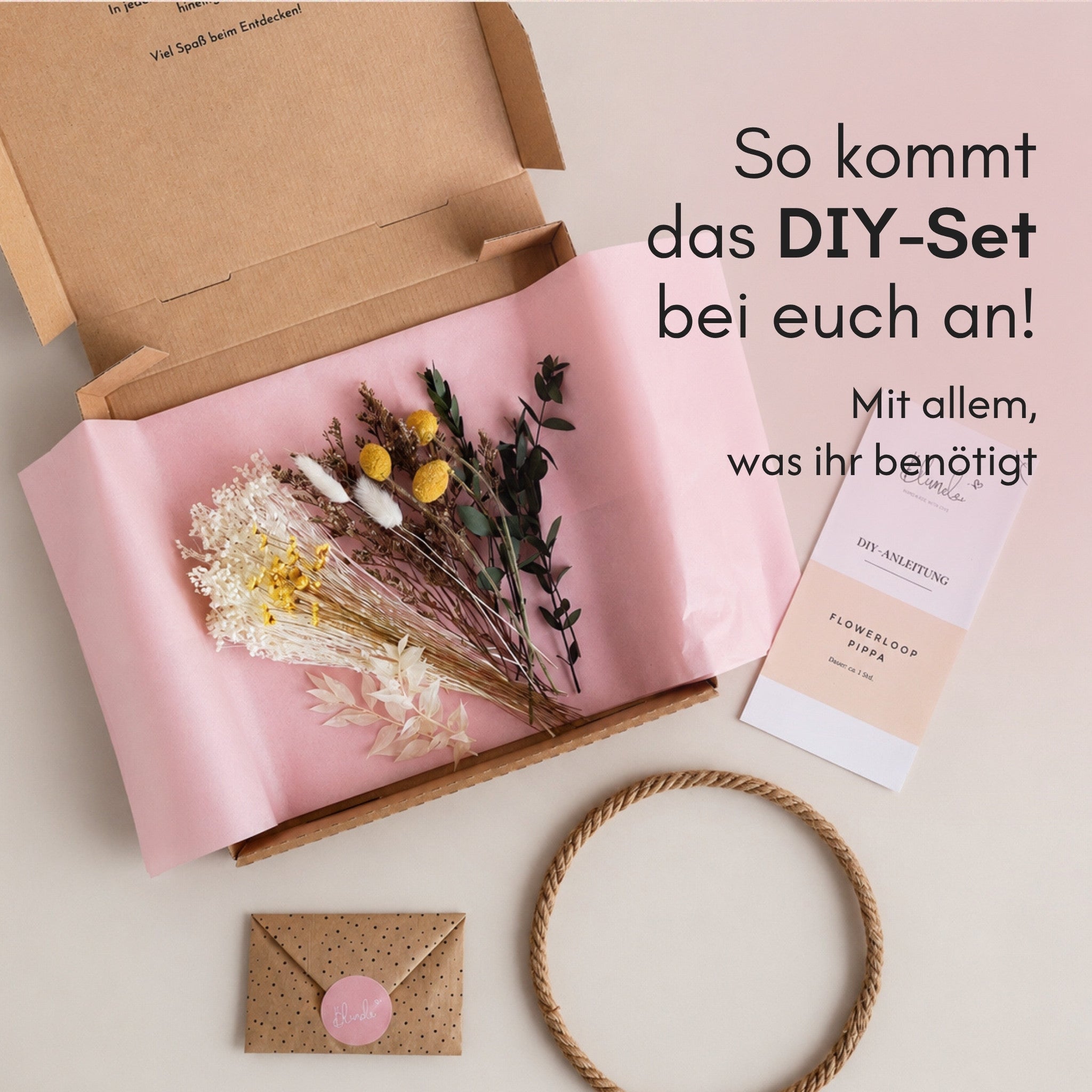 Geöffnete Versandbox eines Blumelei DIY-Sets mit Trockenblumen in Seidenpapier, DIY-Anleitung, Rohling und Grußkarte