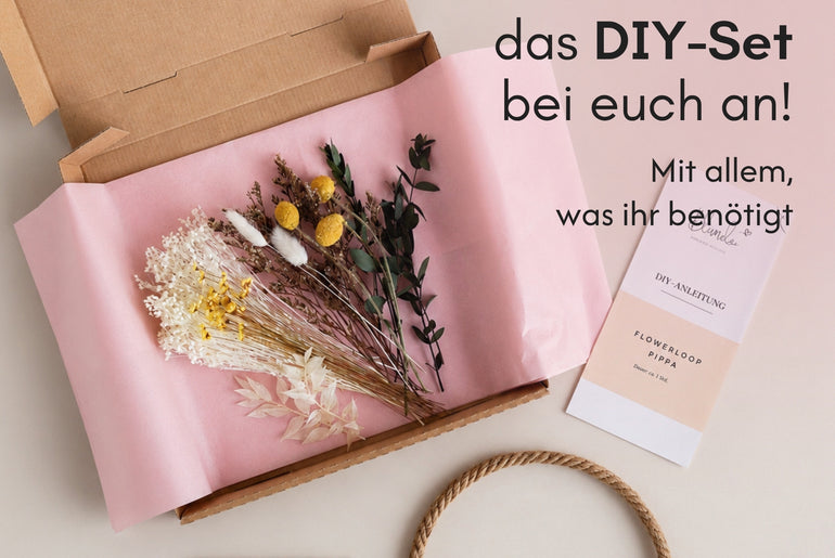 Geöffnete Versandbox eines Blumelei DIY-Sets mit Trockenblumen in Seidenpapier, DIY-Anleitung, Rohling und Grußkarte
