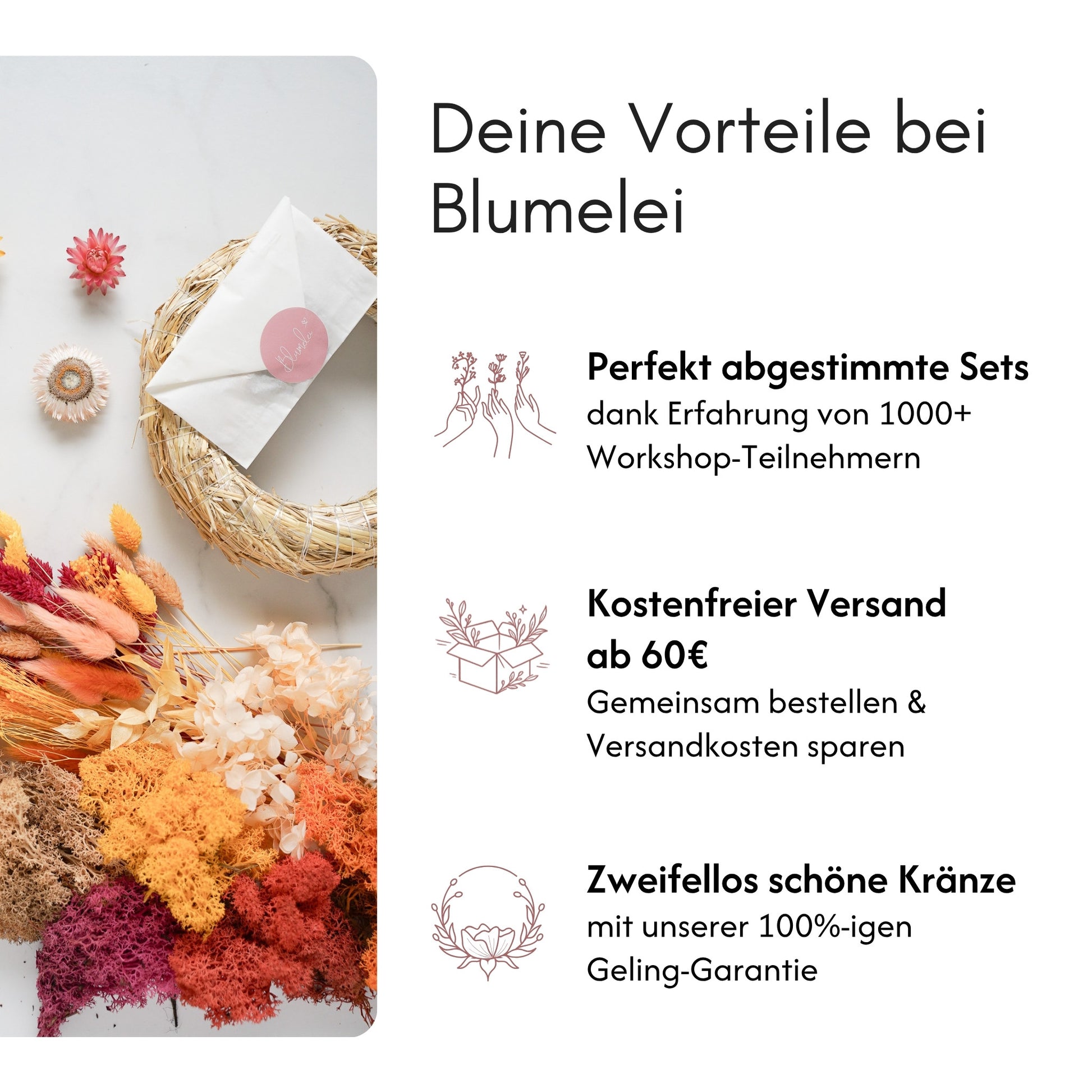 Vorteile bei Blumelei: abgestimmte DIY-Sets aus Workshop-Erfahrung, kostenfreier Versand ab 60 Euro, Geling-Garantie